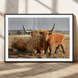 53461-MGC-FP-36x24_Black-Highland Cow Family Wall Art – Rustic Farmhouse Animal Canvas Print, Country Decor for Living Room, Bedroom or Office, Calf and