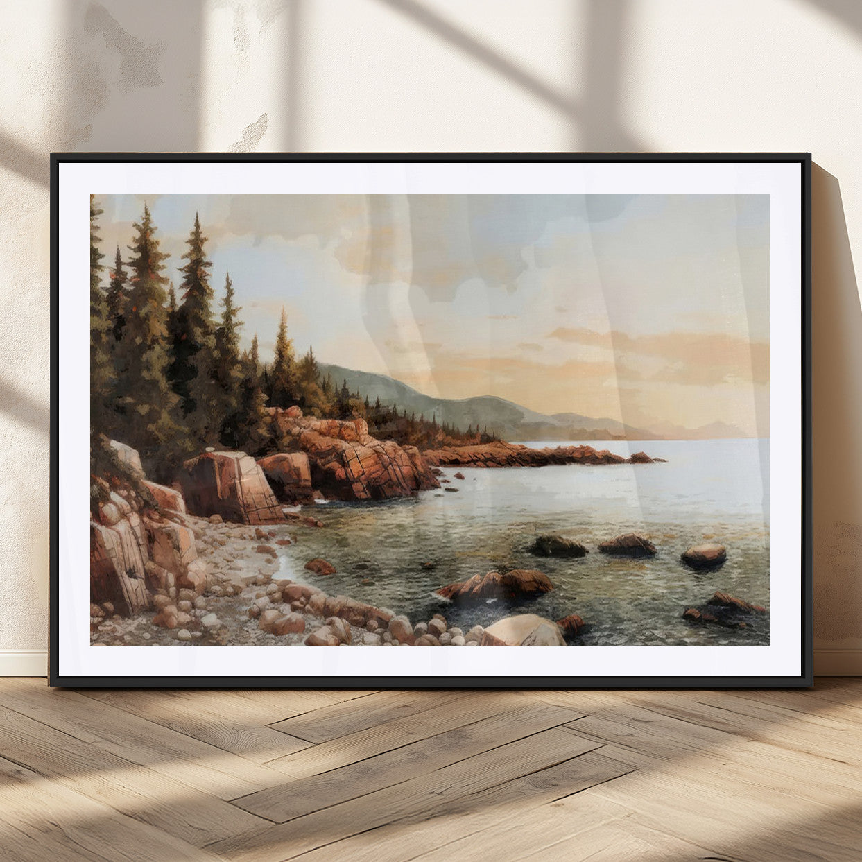 77145-MGV-CV-36X24-Coastal Landscape Wall Art – Panoramic Rocky Shoreline and Pine Trees Canvas Print, Rustic Nature Decor for Cabin, Lodge, Office,