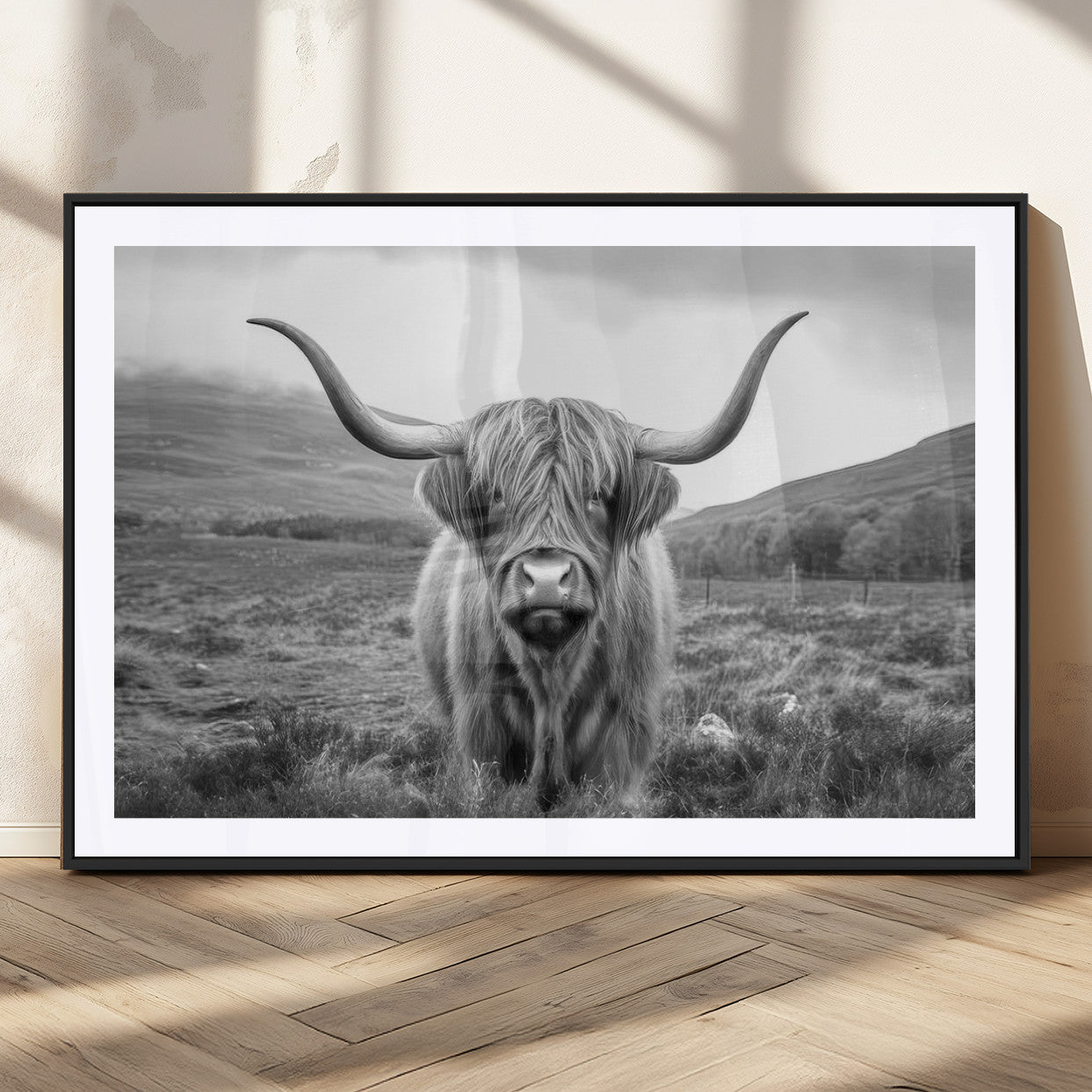 52903-MGC-FP-36x24_Black-Highland Cow Wall Art – Black and White Canvas Print Rustic Cattle Portrait, Farmhouse Country Decor for Living Room, Office,