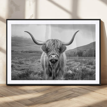 52903-MGC-FP-36x24_Black-Highland Cow Wall Art – Black and White Canvas Print Rustic Cattle Portrait, Farmhouse Country Decor for Living Room, Office,