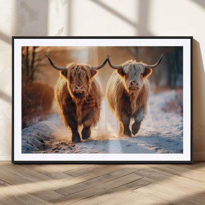 94810-MGC-FP-36x24_Black-Highland Cow Wall Art – Rustic Canvas Print Two Cattle Snow Path Sunset, Farmhouse Country Decor for Living Room, Bedroom, Office,