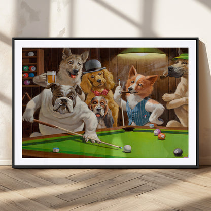 34228-MGV-CV-36X24-Dogs Playing Pool Wall Art Canvas Print, Framed Funny Dog Art Picture Print, Dog Perfect Game Room Decor Artwork