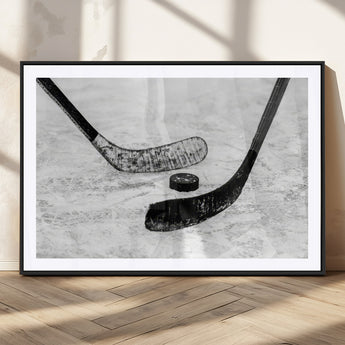 82900-MGC-FP-36x24_Black-Hockey Wall Art – Black and White Canvas Print Ice Rink Sticks Puck Sports Photography, Modern Decor for Game Room, Man Cave,
