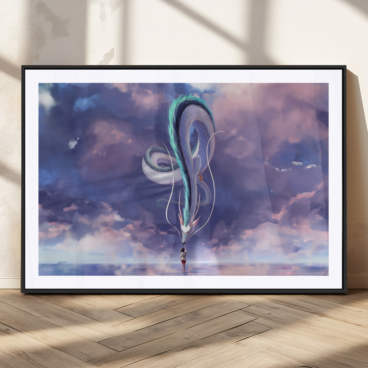 66864-MGV-CV-36X24-Fantasy Dragon Wall Art – Mystical Canvas Print Girl and Sky Serpent Dreamlike Clouds, Magical Anime Inspired Decor for Living