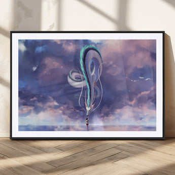 66864-MGV-CV-36X24-Fantasy Dragon Wall Art – Mystical Canvas Print Girl and Sky Serpent Dreamlike Clouds, Magical Anime Inspired Decor for Living