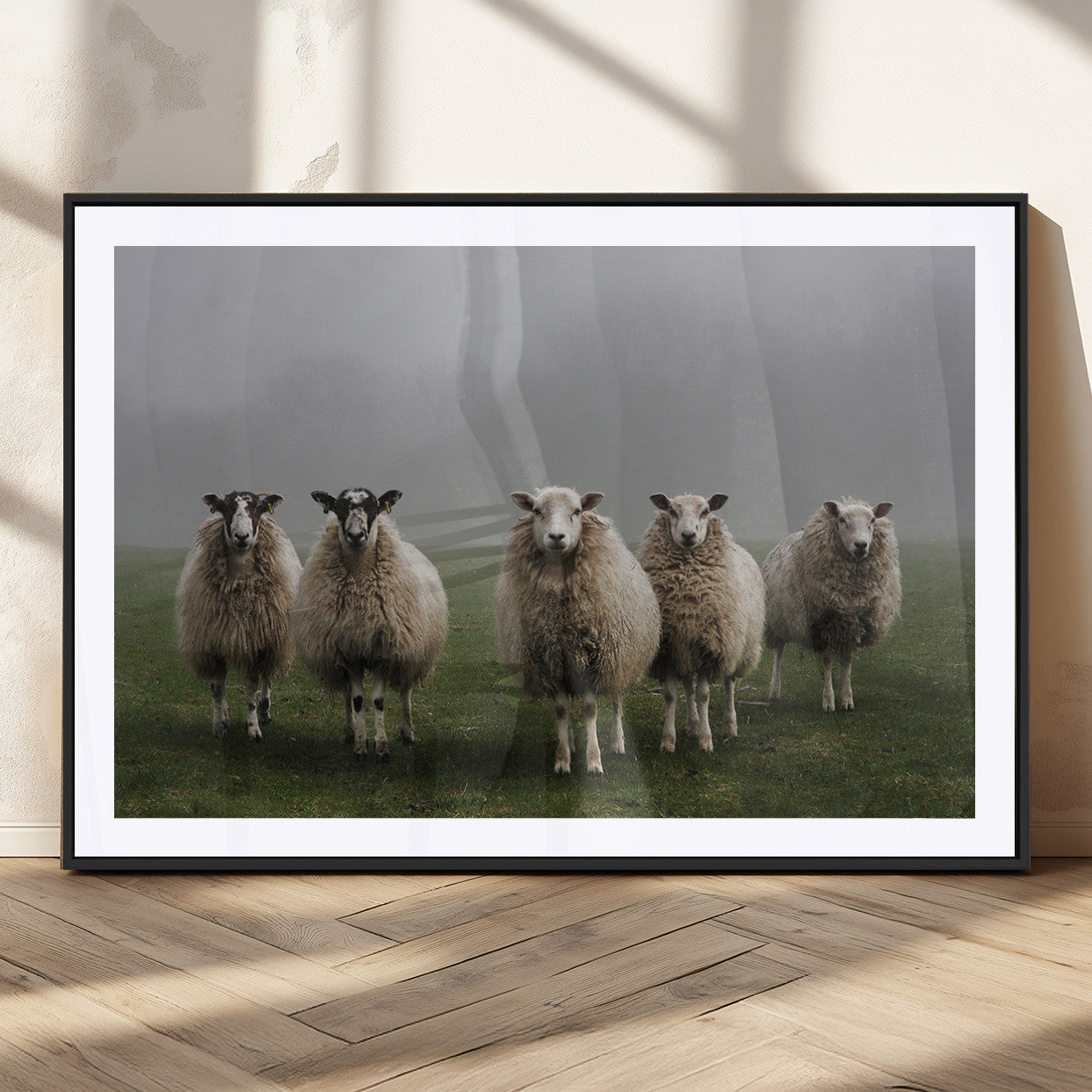 87339-MGV-CV-36X24-Sheep Wall Art – Rustic Farmhouse Canvas Print Flock Standing Misty Field Countryside Photography, Country Animal Decor for Living