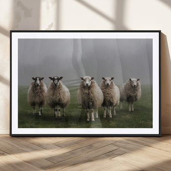87339-MGV-CV-36X24-Sheep Wall Art – Rustic Farmhouse Canvas Print Flock Standing Misty Field Countryside Photography, Country Animal Decor for Living