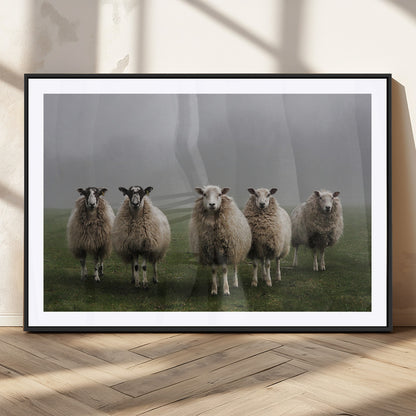 87339-MGV-CV-36X24-Sheep Wall Art – Rustic Farmhouse Canvas Print Flock Standing Misty Field Countryside Photography, Country Animal Decor for Living
