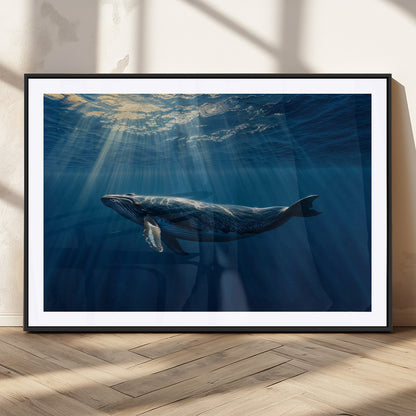 18052-MGV-CV-36X24-Whale Wall Art – Majestic Ocean Canvas Print Marine Life Underwater Sunlight Scene, Nautical Coastal Decor for Living Room,