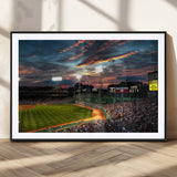 66781-MGC-FP-36x24_Black-Baseball Stadium Wall Art – Canvas Print Evening Game Field Packed Crowd Sunset Sky Sports Photography, Dynamic Decor for Game