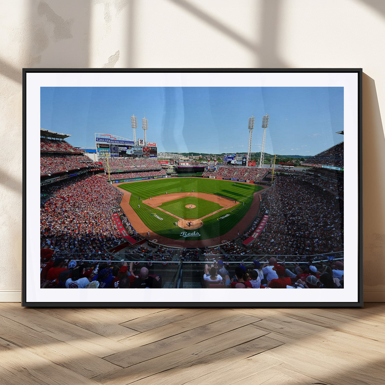 90998-MGC-FP-36x24_Black-Baseball Stadium Wall Art – Canvas Print Day Game Field Packed Crowd Bright Blue Sky Sports Photography, Classic Decor for Game