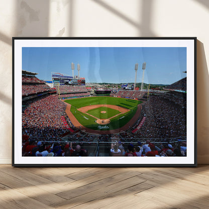 90998-MGC-FP-36x24_Black-Baseball Stadium Wall Art – Canvas Print Day Game Field Packed Crowd Bright Blue Sky Sports Photography, Classic Decor for Game
