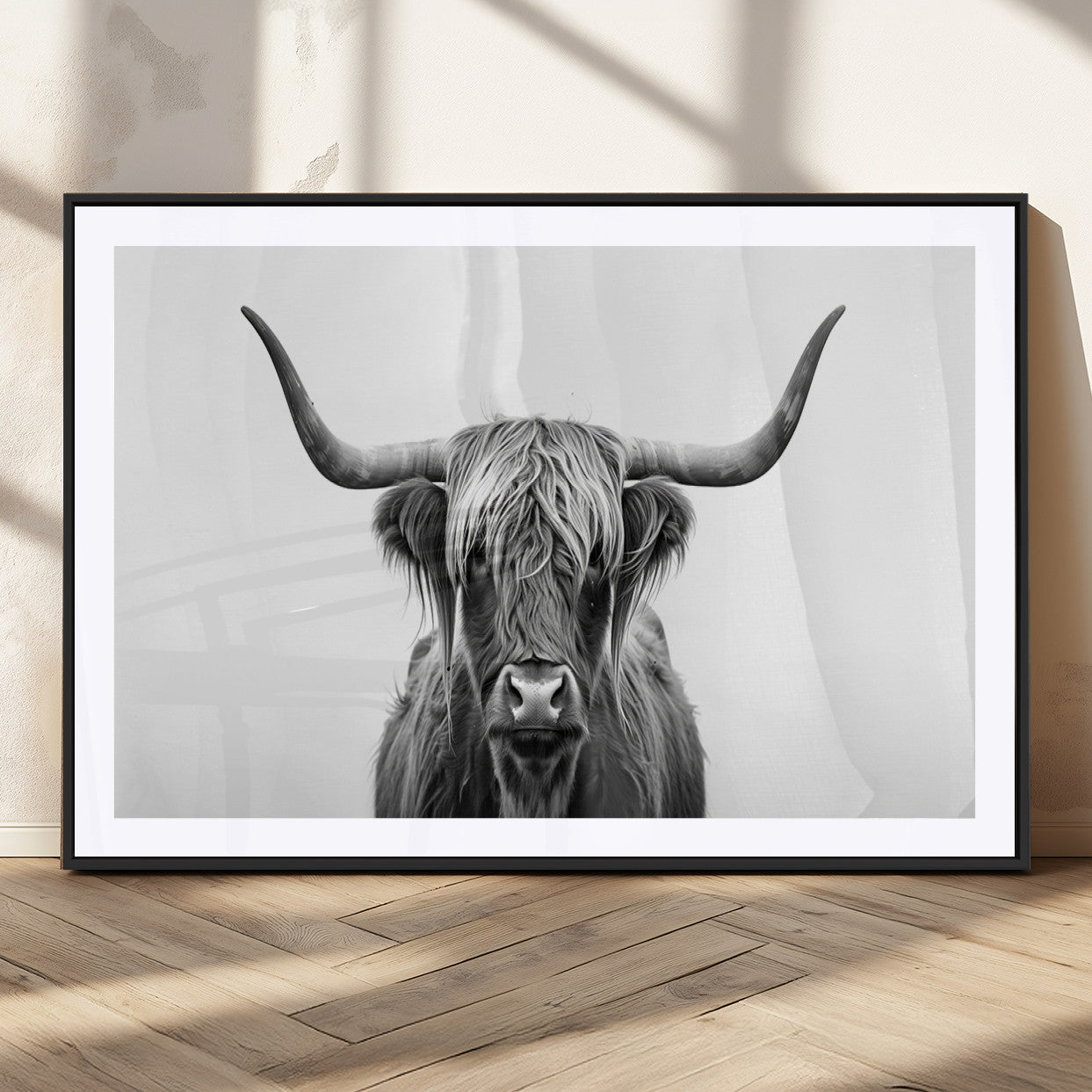 49556-MGV-CV-36X24-Highland Cow Wall Art – Black and White Scottish Highland Cattle Print, Rustic Farmhouse Minimalist Animal Portrait Canvas for
