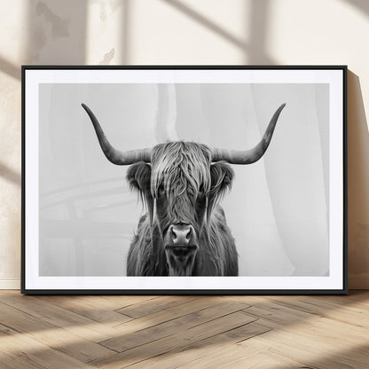 49556-MGV-CV-36X24-Highland Cow Wall Art – Black and White Scottish Highland Cattle Print, Rustic Farmhouse Minimalist Animal Portrait Canvas for