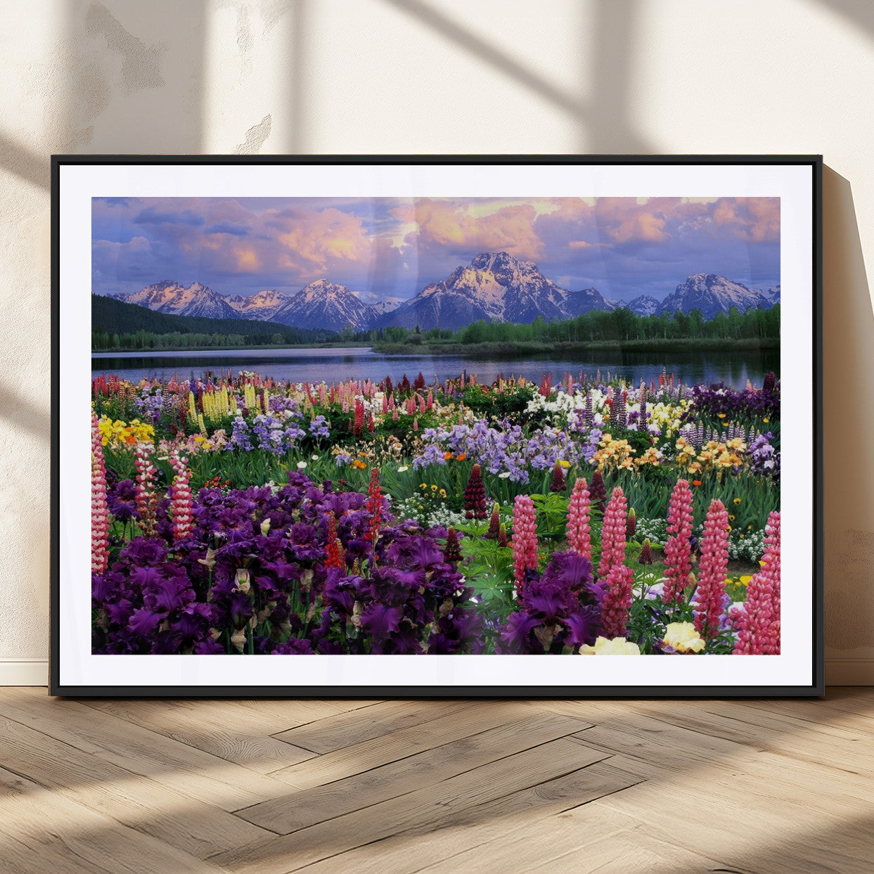 82270-MGC-FP-36x24_Black-Colorful Wildflower Meadow Landscape Wall Art – Snow-Capped Mountain Lake Sunset Print, Vibrant Nature Artwork for Living Room,