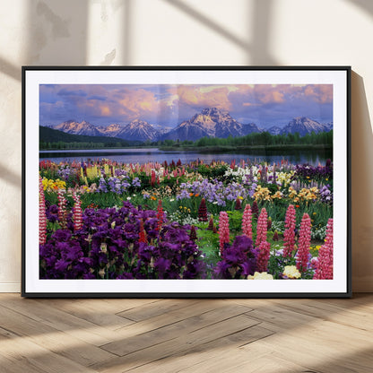 82270-MGC-FP-36x24_Black-Colorful Wildflower Meadow Landscape Wall Art – Snow-Capped Mountain Lake Sunset Print, Vibrant Nature Artwork for Living Room,