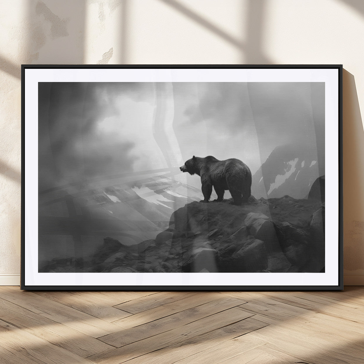 49504-MGV-CV-36X24-Black and White Grizzly Bear Wall Art – Wilderness Wildlife Painting, Rustic Mountain Cabin Decor, Monochrome Animal Print for