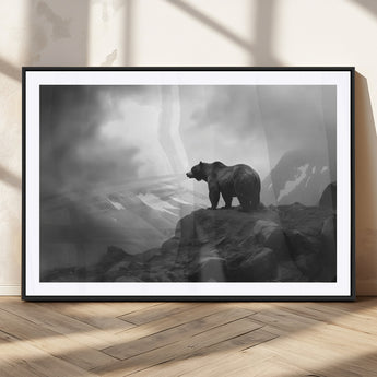 49504-MGV-CV-36X24-Black and White Grizzly Bear Wall Art – Wilderness Wildlife Painting, Rustic Mountain Cabin Decor, Monochrome Animal Print for