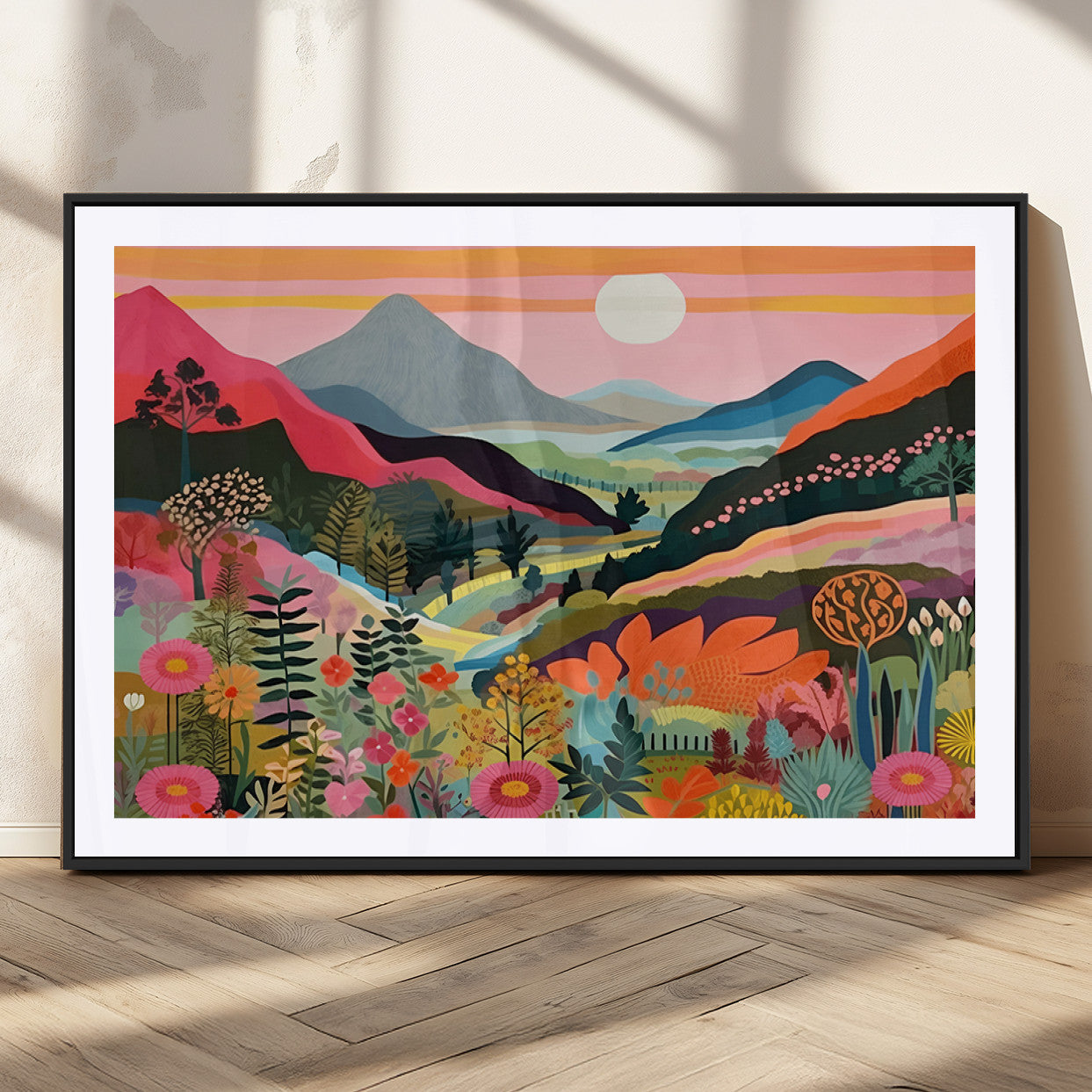 61376-MGC-FP-36x24_Black-Floral Valley Wall Art – Panoramic Mountain Landscape Canvas Print, Vibrant Nature Decor for Living Room, Office, or Bedroom