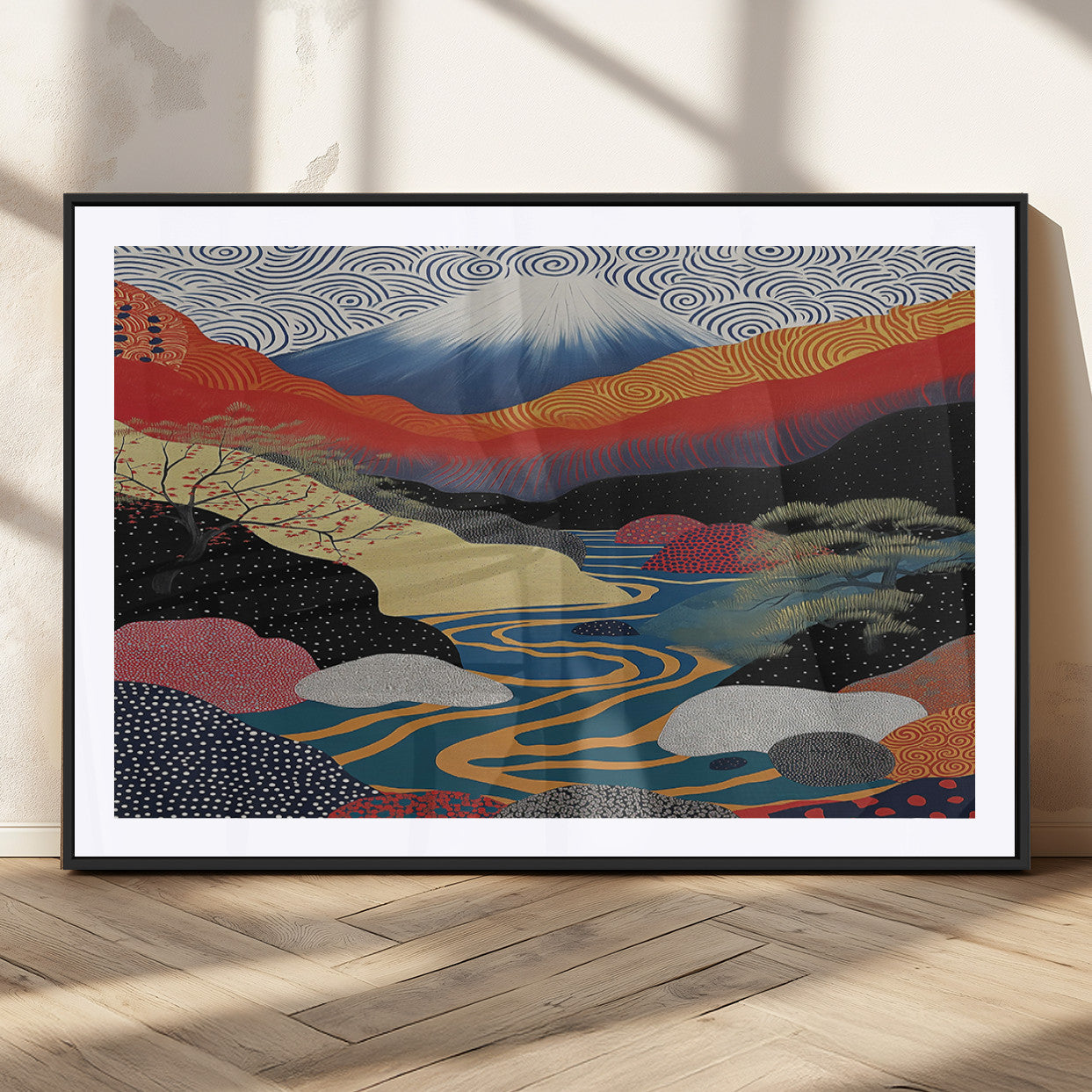 32131-MGC-FP-36x24_Black-Japanese Mount Fuji Wall Art – Abstract Landscape Canvas Print with Swirling Sky & River, Modern Minimalist Asian Inspired Poster