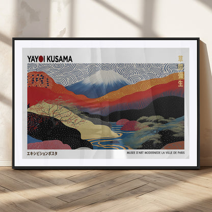 14839-MGC-FP-36x24_Black-Yayoi Kusama Wall Art – Panoramic Mountain & River Canvas Print, Modern Abstract Japanese Landscape Decor for Living Room or