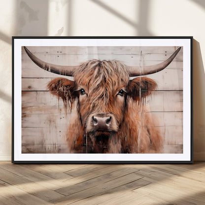 93730-MGC-FP-36x24_Black-Scottish Cow Wall Art Canvas Print, Framed Longhorn Cow Art Picture Print, Highland Cattle Perfect Rustic Farmhouse Decor Artwork