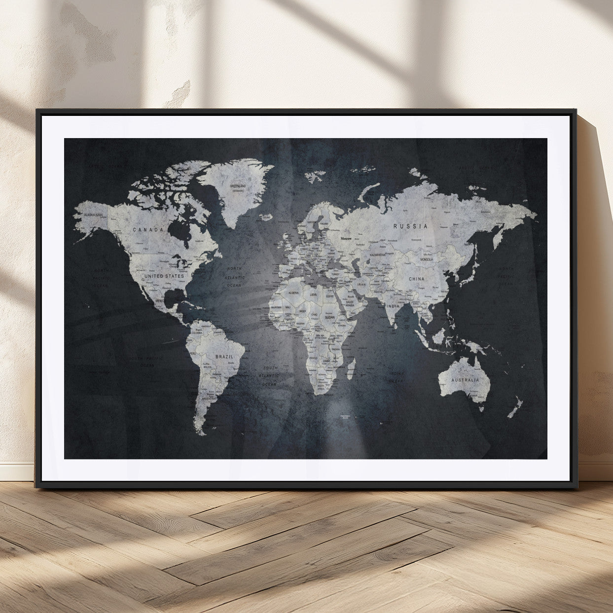 19124-MGC-FP-36x24_Black-Modern World Map Wall Art – Black and White Canvas Print, Minimalist Global Map Decor for Office, Study, Bedroom or Living Room