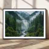 69453-MGC-FP-36x24_Black-Mountain Forest Wall Art – Misty River and Evergreen Landscape Canvas Print, Nature Photography Poster for Living Room, Bedroom,