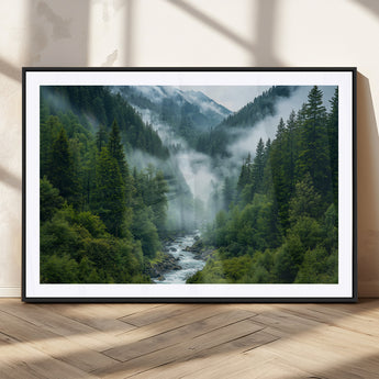 69453-MGC-FP-36x24_Black-Mountain Forest Wall Art – Misty River and Evergreen Landscape Canvas Print, Nature Photography Poster for Living Room, Bedroom,