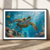 37623-MGC-FP-36x24_Black-Sea Turtle Wall Art – Underwater Ocean Canvas Print with Coral Reef and Tropical Fish, Marine Life Painting Poster for Living