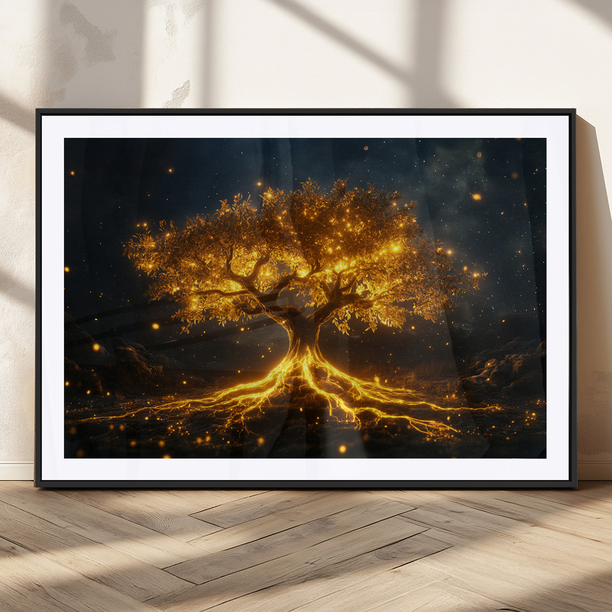 60194-MGC-FP-36x24_Black-Glowing Tree Wall Art – Golden Roots Fantasy Canvas Print, Mystical Illuminated Tree Painting Poster for Living Room, Bedroom,