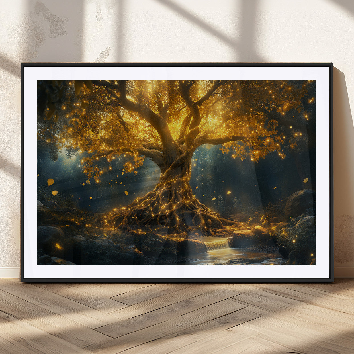 92739-MGC-FP-36x24_Black-Glowing Tree Wall Art – Enchanted Golden Forest Canvas Print, Mystical Illuminated Nature Painting Poster for Living Room,