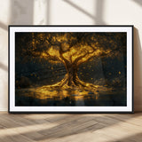 59580-MGC-FP-36x24_Black-Glowing Tree Wall Art – Golden Fantasy Nature Canvas Print, Mystical Illuminated Tree Painting Poster for Living Room, Bedroom,