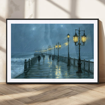 79606-MGC-FP-36x24_Black-Rainy Pier Night Wall Art – Ocean Waves and Street Lamps Canvas Print, Moody Seascape Oil Painting Poster for Living Room,