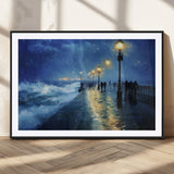 94571-MGC-FP-36x24_Black-Seaside Night Wall Art – Ocean Waves and Street Lamps Canvas Print, Rainy City Pier Oil Painting Poster for Living Room, Bedroom,