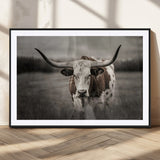 69238-MGC-FP-36x24_Black-Longhorn Bull Wall Art – Rustic Black and White Texas Cattle Canvas Print, Western Farmhouse Animal Photography for Living Room,