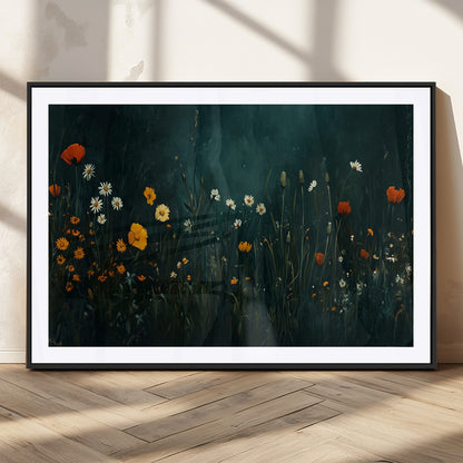 87037-MGC-FP-36x24_Black-Wildflower Wall Art – Dark Botanical Floral Canvas Print, Modern Nature Painting Poster with Daisies Poppies Orange Flowers for