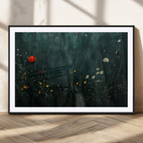 26218-MGC-FP-36x24_Black-Wildflower Wall Art – Dark Botanical Floral Canvas Print, Modern Nature Painting Poster with Daisy Poppy Yellow Flowers for Living
