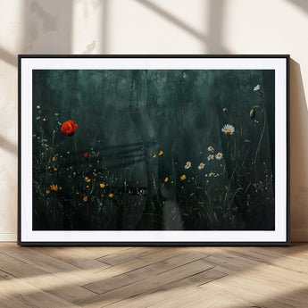 26218-MGC-FP-36x24_Black-Wildflower Wall Art – Dark Botanical Floral Canvas Print, Modern Nature Painting Poster with Daisy Poppy Yellow Flowers for Living