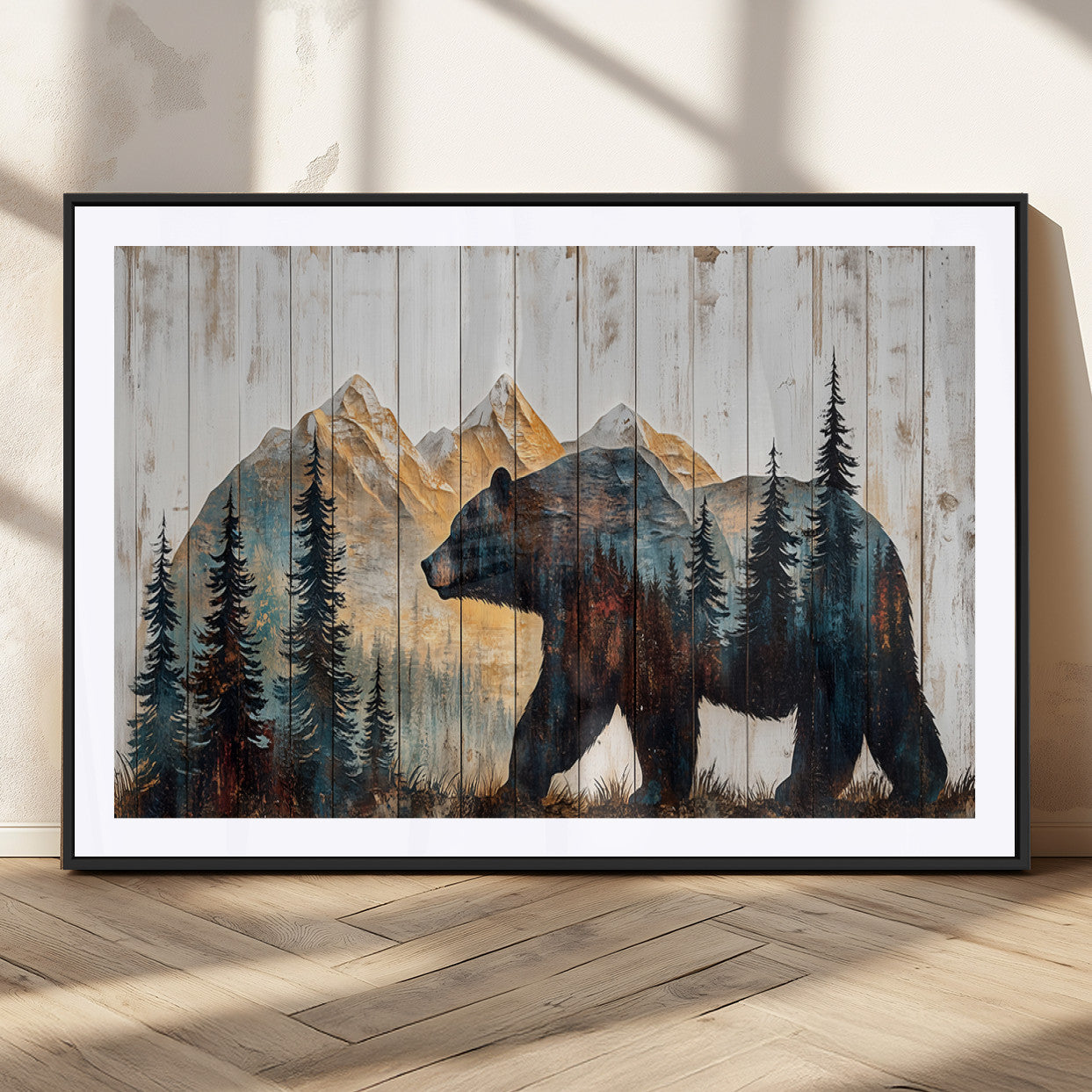 90077-MGC-FP-36x24_Black-Wood Grizzly Bear Wall Art Canvas Print, Framed Abstract Bear Art Picture Print, Bear in Forest Perfect Rustic Lodge Decor Artwork