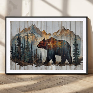 55777-MGV-CV-36X24-Rustic Bear Wall Art Canvas Print, Framed Mountain and Forest Art Picture Print, Wooden Bear Perfect Rustic Lodge Decor Artwork