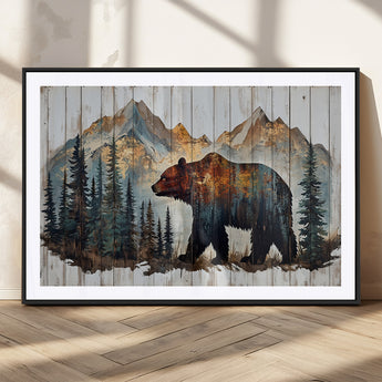 55777-MGV-CV-36X24-Rustic Bear Wall Art Canvas Print, Framed Mountain and Forest Art Picture Print, Wooden Bear Perfect Rustic Lodge Decor Artwork