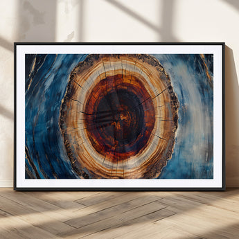 30457-MGC-FP-36x24_Black-Tree Ring Abstract Wall Art – Blue and Brown Wood Grain Canvas Print, Modern Nature Inspired Painting for Rustic Living Room,