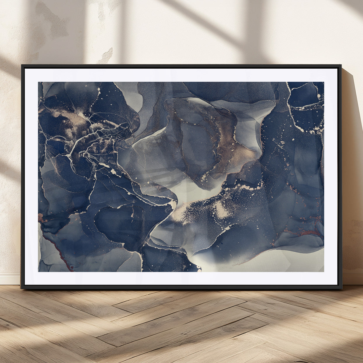 28282-MGC-FP-36x24_Black-Blue Abstract Wall Art – Modern Ink Swirl Canvas Print, Contemporary Navy and Gold Painting for Living Room, Bedroom, Office or