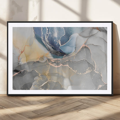 18176-MGC-FP-36x24_Black-Abstract Fluid Wall Art – Modern Marble Ink Canvas Print with Blue, Gold, and Gray Tones, Contemporary Minimal Artwork Decor for