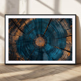 13398-MGV-CV-36X24-Tree Ring Wall Art – Abstract Wood Grain Canvas Print with Blue and Orange Accents, Rustic Nature Inspired Artwork for Living