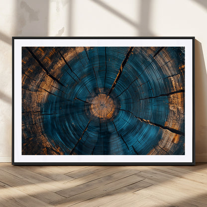 13398-MGV-CV-36X24-Tree Ring Wall Art – Abstract Wood Grain Canvas Print with Blue and Orange Accents, Rustic Nature Inspired Artwork for Living