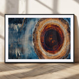48045-MGC-FP-36x24_Black-Tree Ring Abstract Wall Art – Rustic Wood Grain Canvas Print with Brown Center and Blue Brush Strokes, Nature Inspired Artwork for