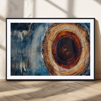 48045-MGC-FP-36x24_Black-Tree Ring Abstract Wall Art – Rustic Wood Grain Canvas Print with Brown Center and Blue Brush Strokes, Nature Inspired Artwork for
