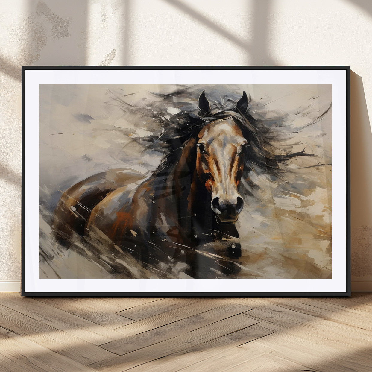 53001-MGC-FP-36x24_Black-Wild Horse Wall Art – Majestic Stallion Canvas Print with Flowing Mane, Rustic Western Style Painting for Living Room, Office or